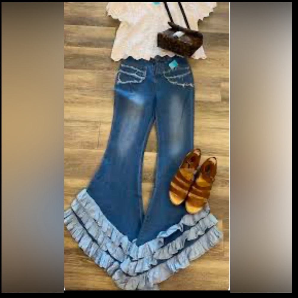 Women's Blue Flared Jeans with Ruffle Hem